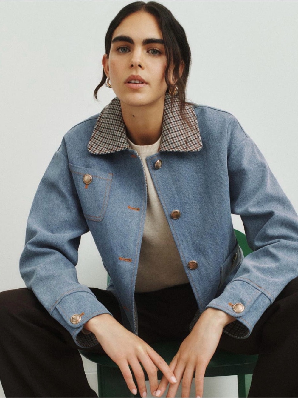 Sandro Light Blue Denim Jacket with Checked Collar